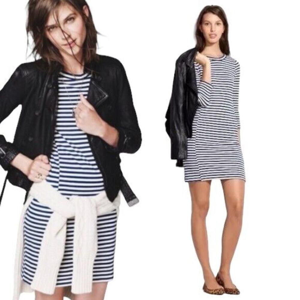 MADEWELL Shirt Dress A-Line Shift Striped 3/4 Sleeve Soft Nautical Blue Cozy